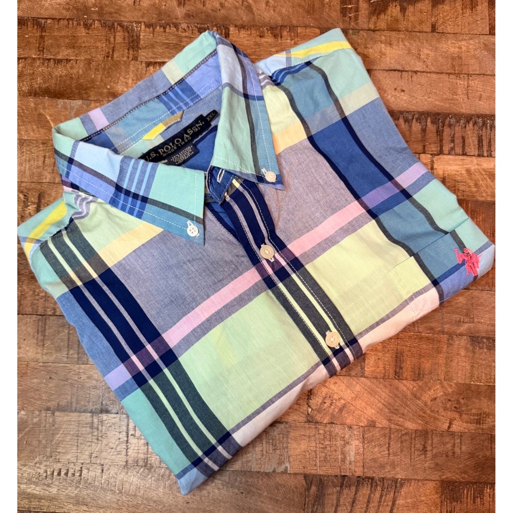 US Polo Assn Men XXL Short Sleeve Plaid Button Down Shirt Blue Green Pink Madras